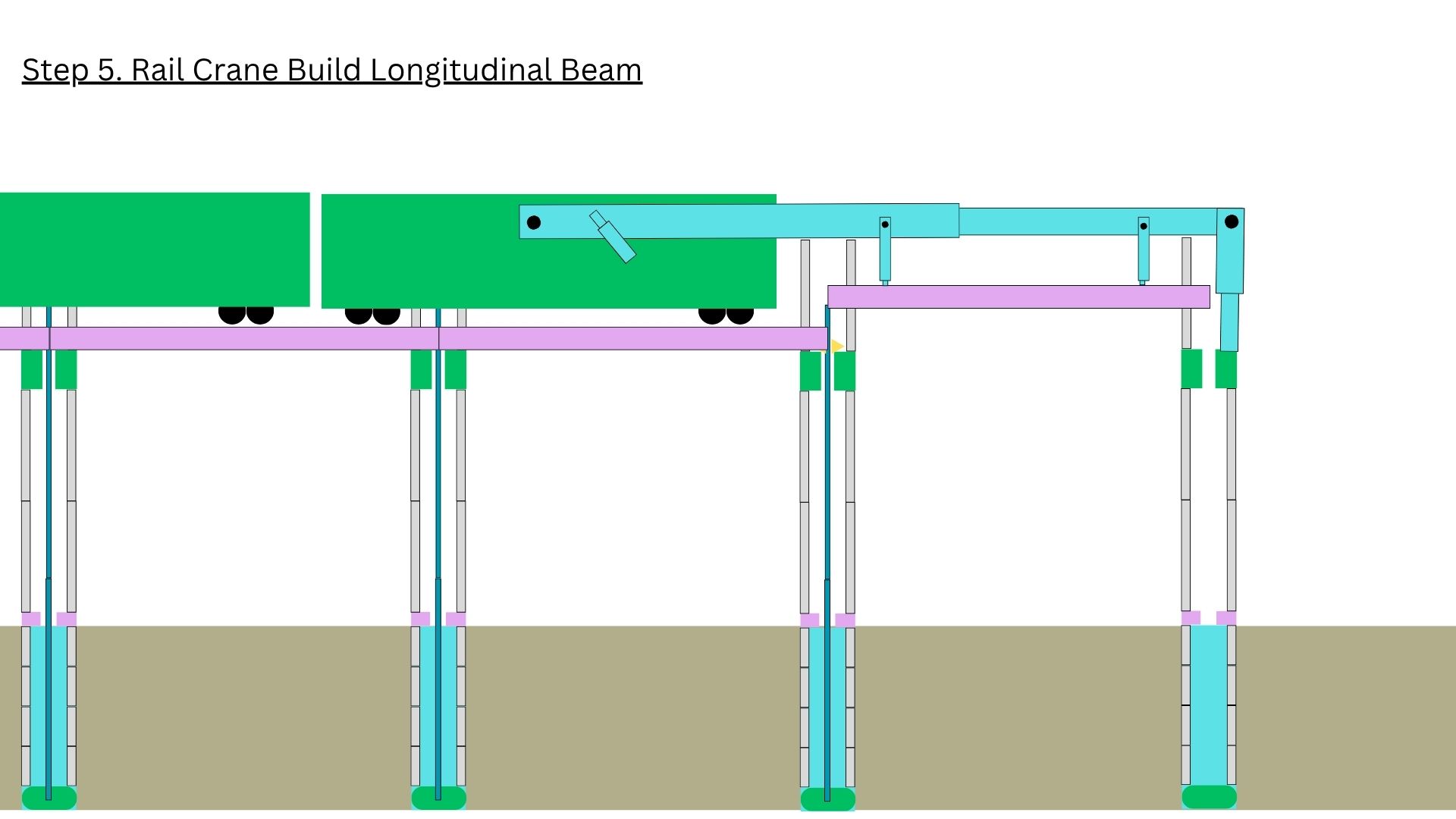Step 3 — Rail crane lifts longitudinal beam to cap pylon legs