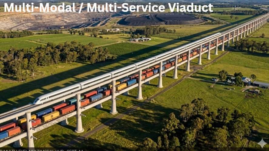 SBC multimodal viaduct &mdash; freight below, maglev above, multi-deck stacked architecture