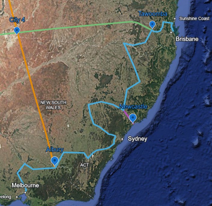 SBC Phase 0 Melbourne to Brisbane corridor — Google Maps locked 2,410.27km